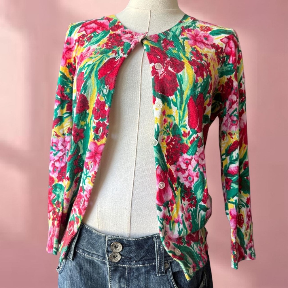 Talbots Women's Cardigan Sweater, Small, Floral Print Button Front Cotton Blend